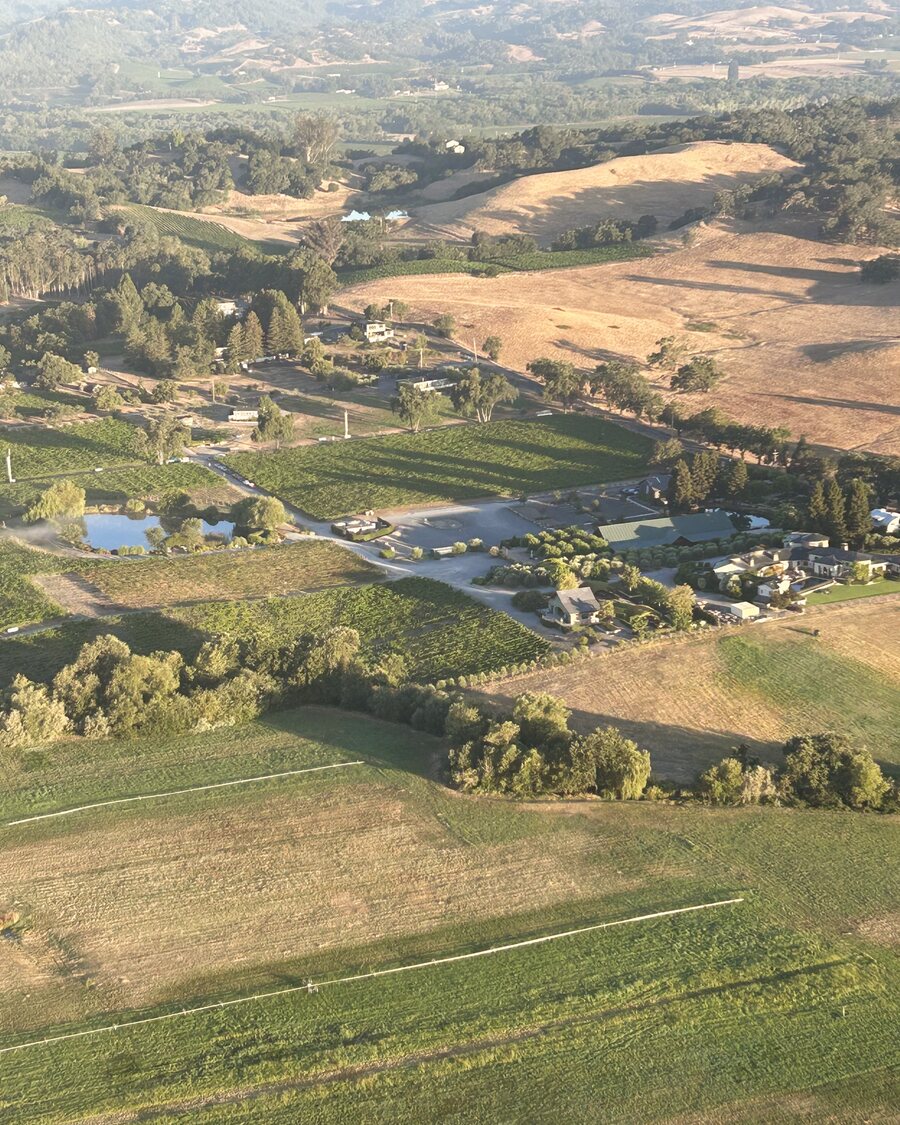 View from the balloon over the Russian River Valley — vineyards, oak-studded hills and ranches below