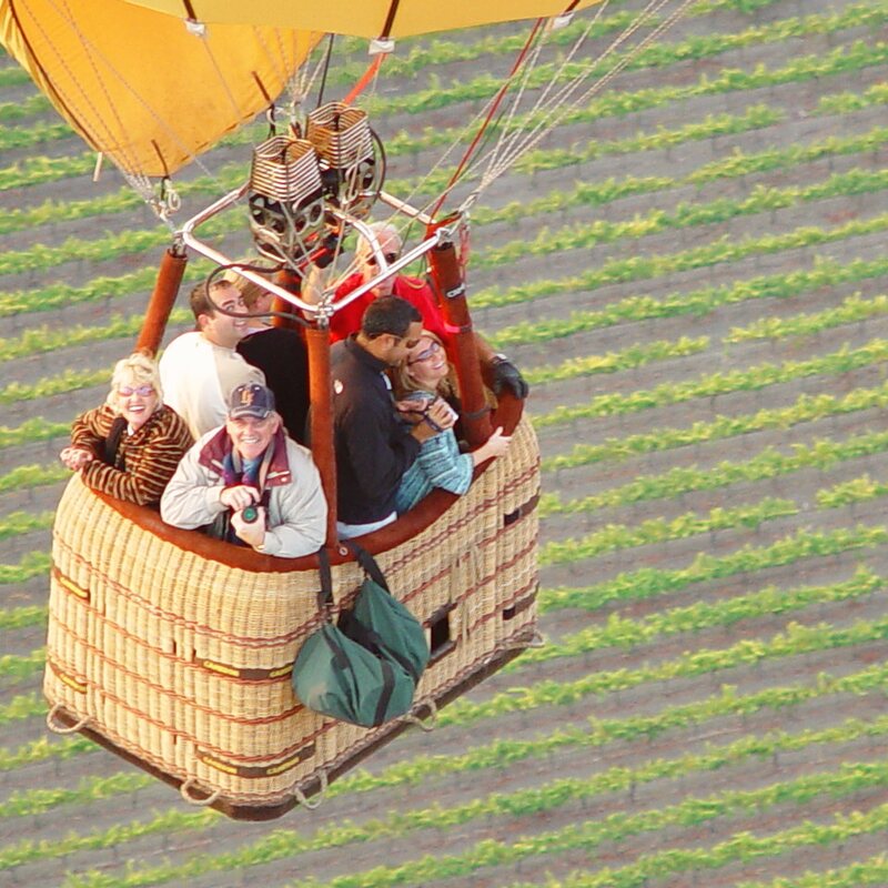 Looking down on a basket of guests flying over vineyard rows